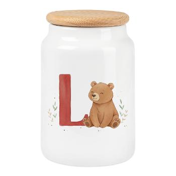 Ours aquarelle avec L rouge - Boîte à biscuits avec couvercle en bois - blanc - Devant