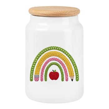 Rainbow for School Child (Faux Yarn Knitting Pattern) - Cookie Jar with Wooden Lid - white - Front