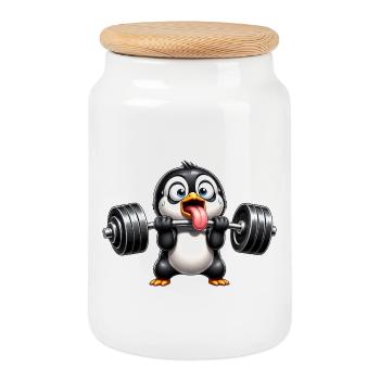 Lustiger Pinguin Gewichtheben Gym Rat Cartoon - Keksdose mit Holzdeckel - Weiß - Vorne