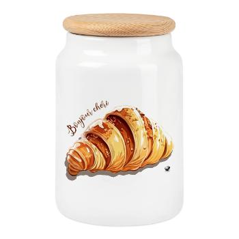 Croissant Abbildung mit Inschrift - Keksdose mit Holzdeckel - Weiß - Vorne