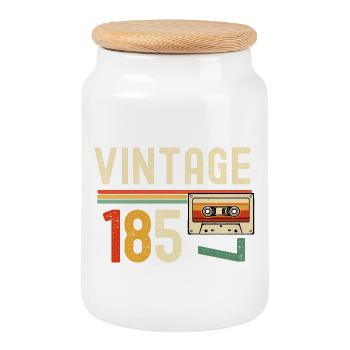 Vintage 85 Cassette Retro - Cookie Jar with Wooden Lid - white - Front