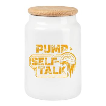 Die Pumpe > Das Selbstgespräch | Fitnessstudio-Motivation - Keksdose mit Holzdeckel - Weiß - Vorne