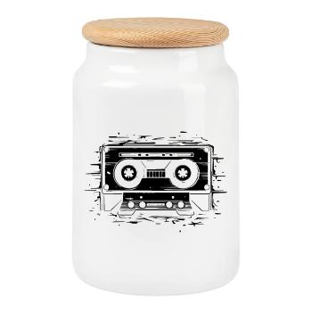 Music Cassette - Cookie Jar with Wooden Lid - white - Front