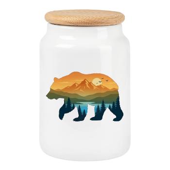 Bear silhouette mountain landscape - Cookie Jar with Wooden Lid - white - Front