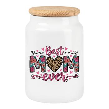 Best Mom Ever Heart Leopard & Flowers | Retro - Cookie Jar with Wooden Lid - white - Front