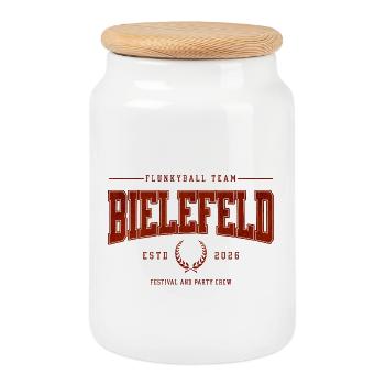 Flunkyball Profi Team Bielefeld Vintage Shirt - Keksdose mit Holzdeckel - Weiß - Vorne