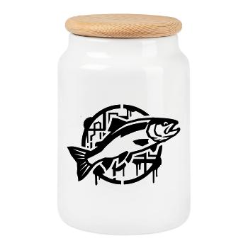 Pêche à la truite, saumon, pêche, art de rue - Boîte à biscuits avec couvercle en bois - blanc - Devant