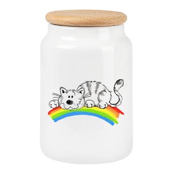 Pures Glück - Niedliche Katze auf dem Regenbogen - Keksdose mit Holzdeckel - Weiß - Vorne