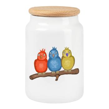 Colorful birds on a branch - Cookie Jar with Wooden Lid - white - Front