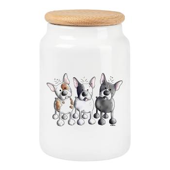 Trois bouledogues français - Bouledogue - Chien - Boîte à biscuits avec couvercle en bois - blanc - Devant