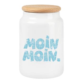 Moin Moin. (Vintage Hellblau) Guten Morgen - Keksdose mit Holzdeckel - Weiß - Vorne