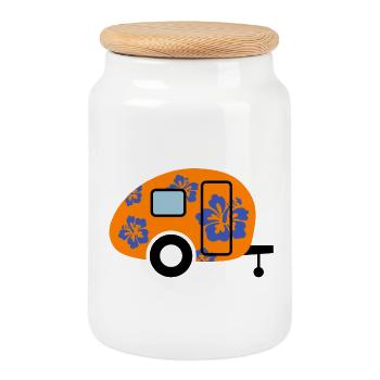 Hibiskus Caravan Wohnwagen Campingplatz Camper - Keksdose mit Holzdeckel - Weiß - Vorne