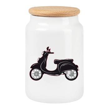 Ein schwarzer Motorroller mit farbigem Rand - Keksdose mit Holzdeckel - Weiß - Vorne