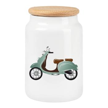 Ein Vintage Motorroller mit Retro Lackierung - Keksdose mit Holzdeckel - Weiß - Vorne