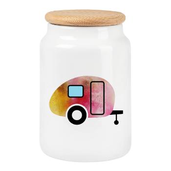 Caravane caravane Aquarelle Camping - Boîte à biscuits avec couvercle en bois - blanc - Devant