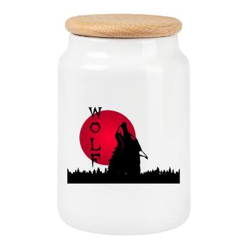 Black wolf, forest and sunset - Cookie Jar with Wooden Lid - white - Front