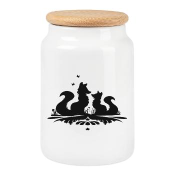 Silhouette of two cute foxes - Cookie Jar with Wooden Lid - white - Front