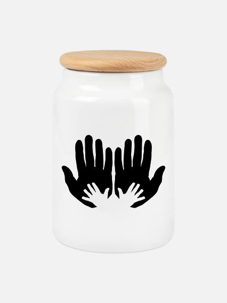 Open parents hands with children's hands - Cookie Jar with Wooden Lid - white
