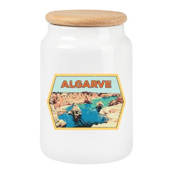 Retro-Abzeichen, Algarve Portugal, Strand Sommersonne - Keksdose mit Holzdeckel - Weiß - Vorne