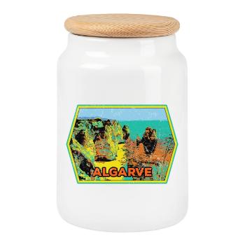 Retro-Abzeichen, Algarve Portugal, Strand Sommersonne - Keksdose mit Holzdeckel - Weiß - Vorne