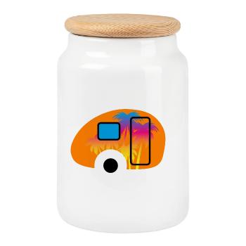 Caravan Wohnwagen Palmen Verlauf Camper Sommer Fun - Keksdose mit Holzdeckel - Weiß - Vorne