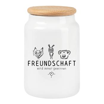 "Freundschaft wird immer gewinnen", schöner Spruch - Keksdose mit Holzdeckel - Weiß - Vorne