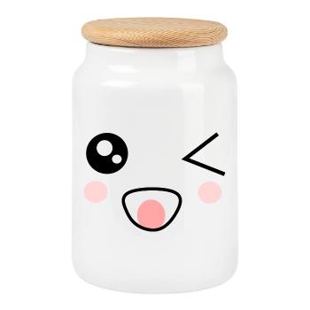 Visage Kawaii Drôle Cadeau - Boîte à biscuits avec couvercle en bois - blanc - Devant