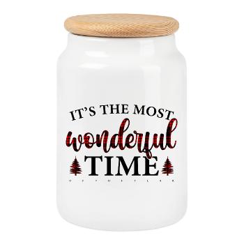 Crimson Plaid Script on Black - Cookie Jar with Wooden Lid - white - Front