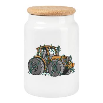 Tractor String Lights Farmer Christmas Gift - Cookie Jar with Wooden Lid - white - Front