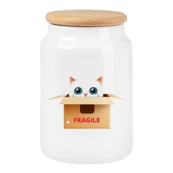 Fragile Kitten in Kawaii Box - Cookie Jar with Wooden Lid - white - Front