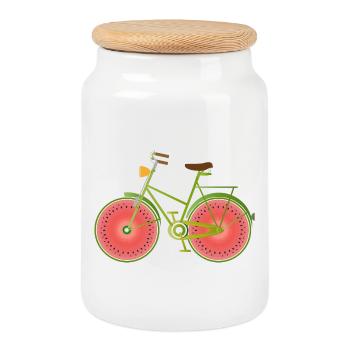 Vélo vert drôle avec des roues de pastèque - Boîte à biscuits avec couvercle en bois - blanc - Devant