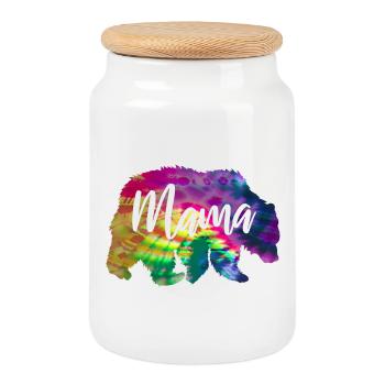 Mama Bear Tie Dye Batik Bear - Cookie Jar with Wooden Lid - white - Front