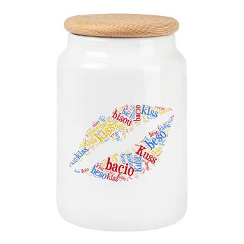 Kiss Kiss Kuss Bisou Beso Word Cloud T-Shirt - Cookie Jar with Wooden Lid - white - Front