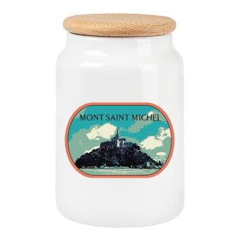 Illustration in blue and green of Mont Saint Michel - Cookie Jar with Wooden Lid - white - Front
