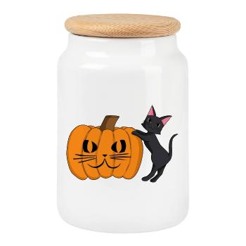 Black Cat with Pumpkin Grimace - Cookie Jar with Wooden Lid - white - Front