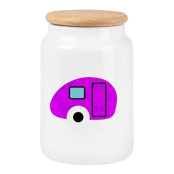 Caravane Caravane Camping Camper fond d’écran rose rétro - Boîte à biscuits avec couvercle en bois - blanc - Devant