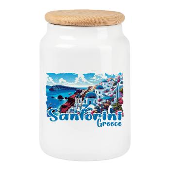 Santorin, Grèce, océan, île grecque - Boîte à biscuits avec couvercle en bois - blanc - Devant