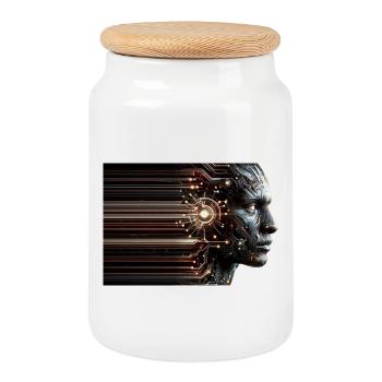 Digital Ghost Cyborg Design - Cookie Jar with Wooden Lid - white - Front