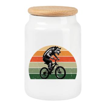 Hyena on a bike in the retro west - Cookie Jar with Wooden Lid - white - Front