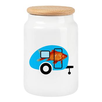 Caravan Goldfisch Camping Wohnwagen Vintage Fisch - Keksdose mit Holzdeckel - Weiß - Vorne