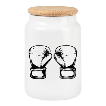 Boxing Gloves Drawing - Cookie Jar with Wooden Lid - white - Front
