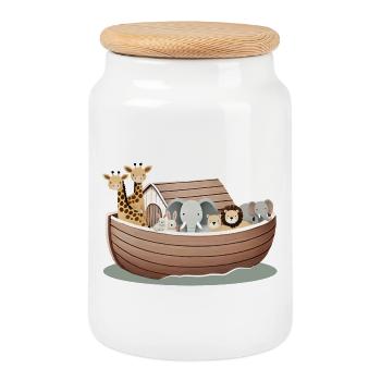 Cute Animal Illustration – Noah's Ark with Animals - Cookie Jar with Wooden Lid - white - Front