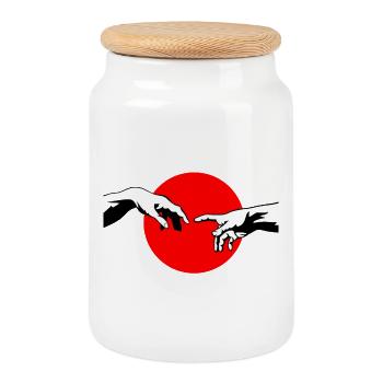 The Creation of Adam hands inspiration design - Cookie Jar with Wooden Lid - white - Front