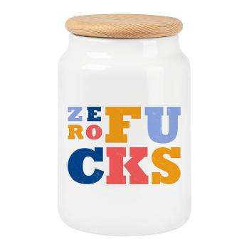 Colorful Retro Style - Zero Fucks Text Design - Cookie Jar with Wooden Lid - white - Front