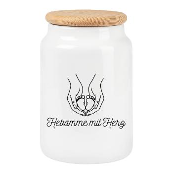 Hebamme mit Herz - personalisierbares Design - Keksdose mit Holzdeckel - Weiß - Vorne