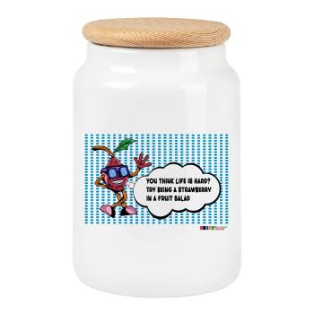 Blague sur la fraise sur une salade de fruits amusante - Boîte à biscuits avec couvercle en bois - blanc - Devant