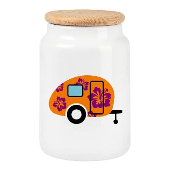 Caravan Camping Hawai Camper Wohnwagen Blüte Fan - Keksdose mit Holzdeckel - Weiß - Vorne
