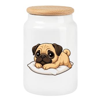 Cute Pug Lying Relaxed Cartoon - Cookie Jar with Wooden Lid - white - Front