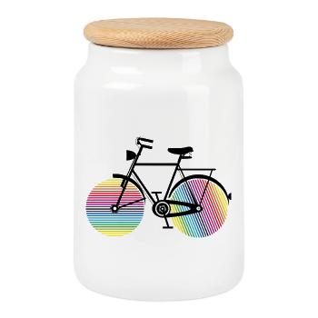 Vélo arc-en-ciel – élégant et coloré - Boîte à biscuits avec couvercle en bois - blanc - Devant