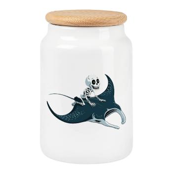 Skeleton on manta ray - Cookie Jar with Wooden Lid - white - Front